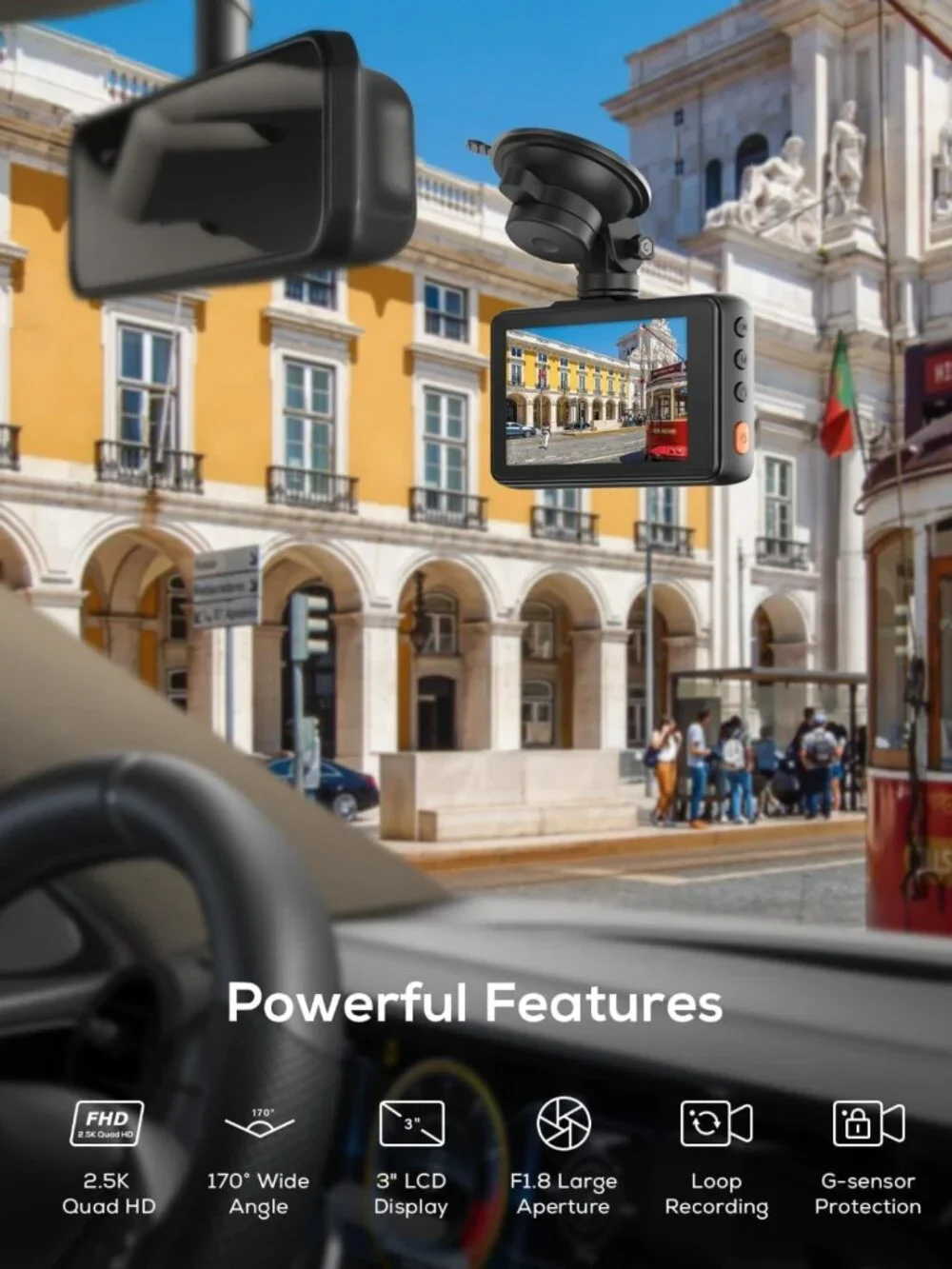 High-Definition 2.5K Dash Cam with Night Vision, 170° Wide Angle, Loop Recording